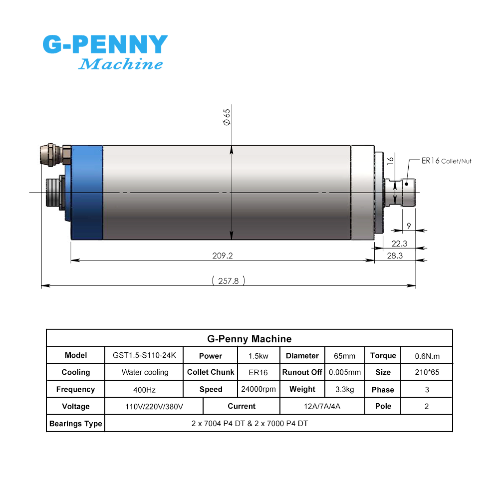 G-Penny CNC 1.5KW ER16 65mm 4  - огляд і ціна Water Cooled Spindle